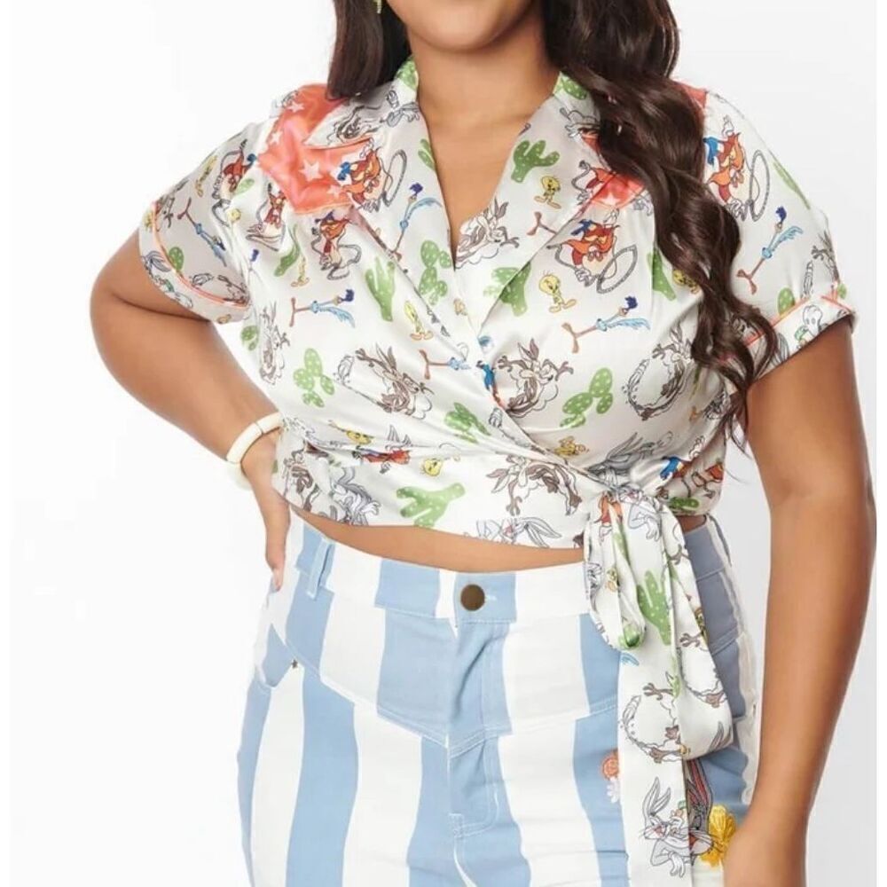 Looney Tunes x Unique Vintage Western Wrap Satin Top Plus Size 5X Nwt